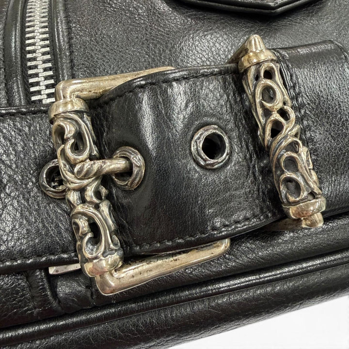 美品▼CHROME HEARTS クロムハーツ JJディーン ラージ ライダース レザー 925 ダガージップ トートバッグ ブラック シルバー 保存袋付き