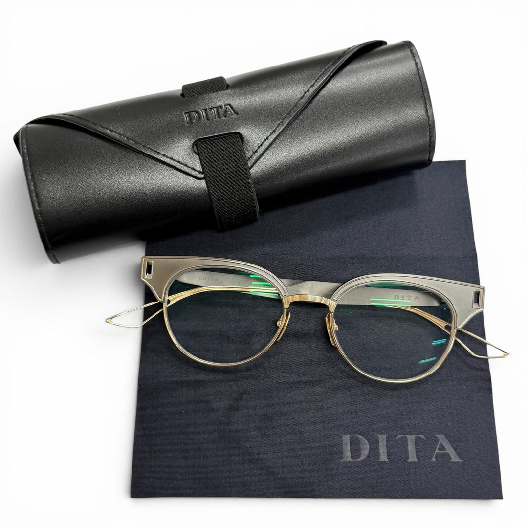 美品△DITA ディータ DTX109 BRIXA ブリクサ ブローライン メガネ 眼鏡 アイウェア ガンメタリック ゴールド 51□19-146 度入り 日本製
