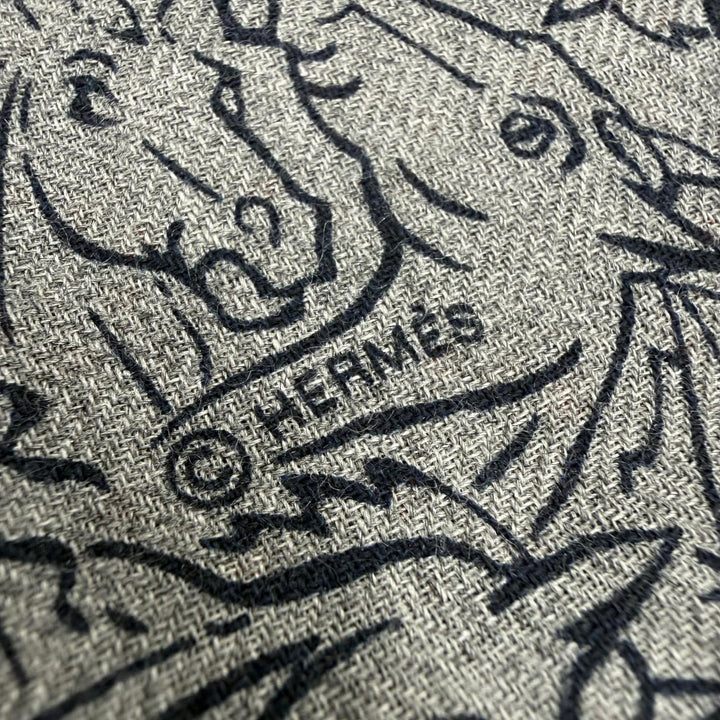 極美品▼HERMES エルメス カシミヤ シルク ティセ リバーシブルホースミックス フリンジ マフラー グレー ネイビー フランス製 メンズ