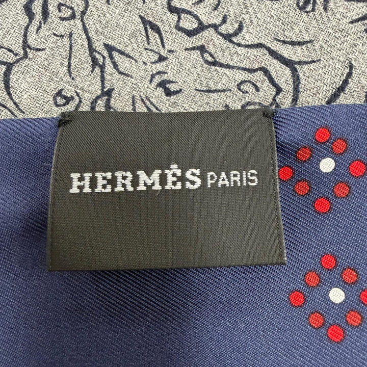 極美品▼HERMES エルメス カシミヤ シルク ティセ リバーシブルホースミックス フリンジ マフラー グレー ネイビー フランス製 メンズ