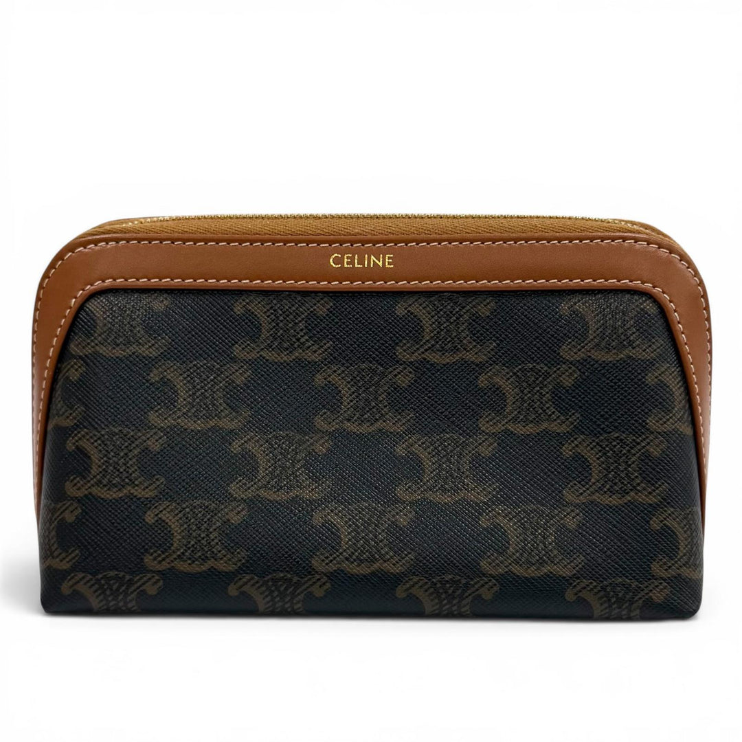 美品★CELINE セリーヌ 4M1622CZ スモール コスメティックポーチ トリオンフキャンバス カーフスキン タン 化粧ポーチ ゴールド金具 伊製