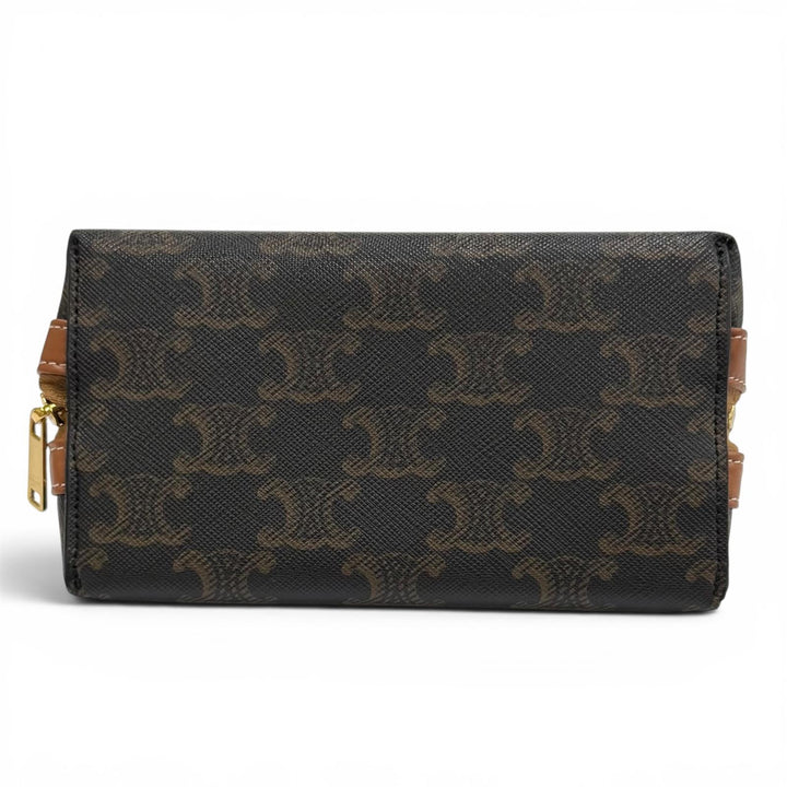美品★CELINE セリーヌ 4M1622CZ スモール コスメティックポーチ トリオンフキャンバス カーフスキン タン 化粧ポーチ ゴールド金具 伊製