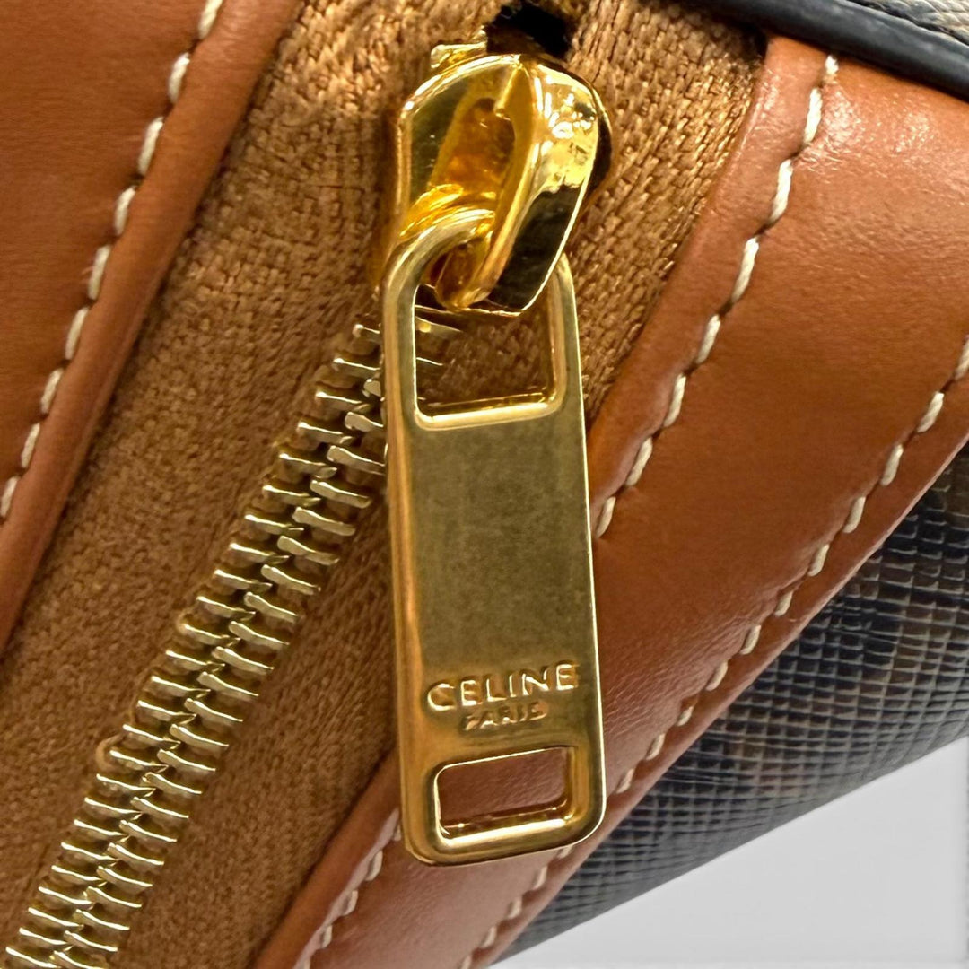 美品★CELINE セリーヌ 4M1622CZ スモール コスメティックポーチ トリオンフキャンバス カーフスキン タン 化粧ポーチ ゴールド金具 伊製