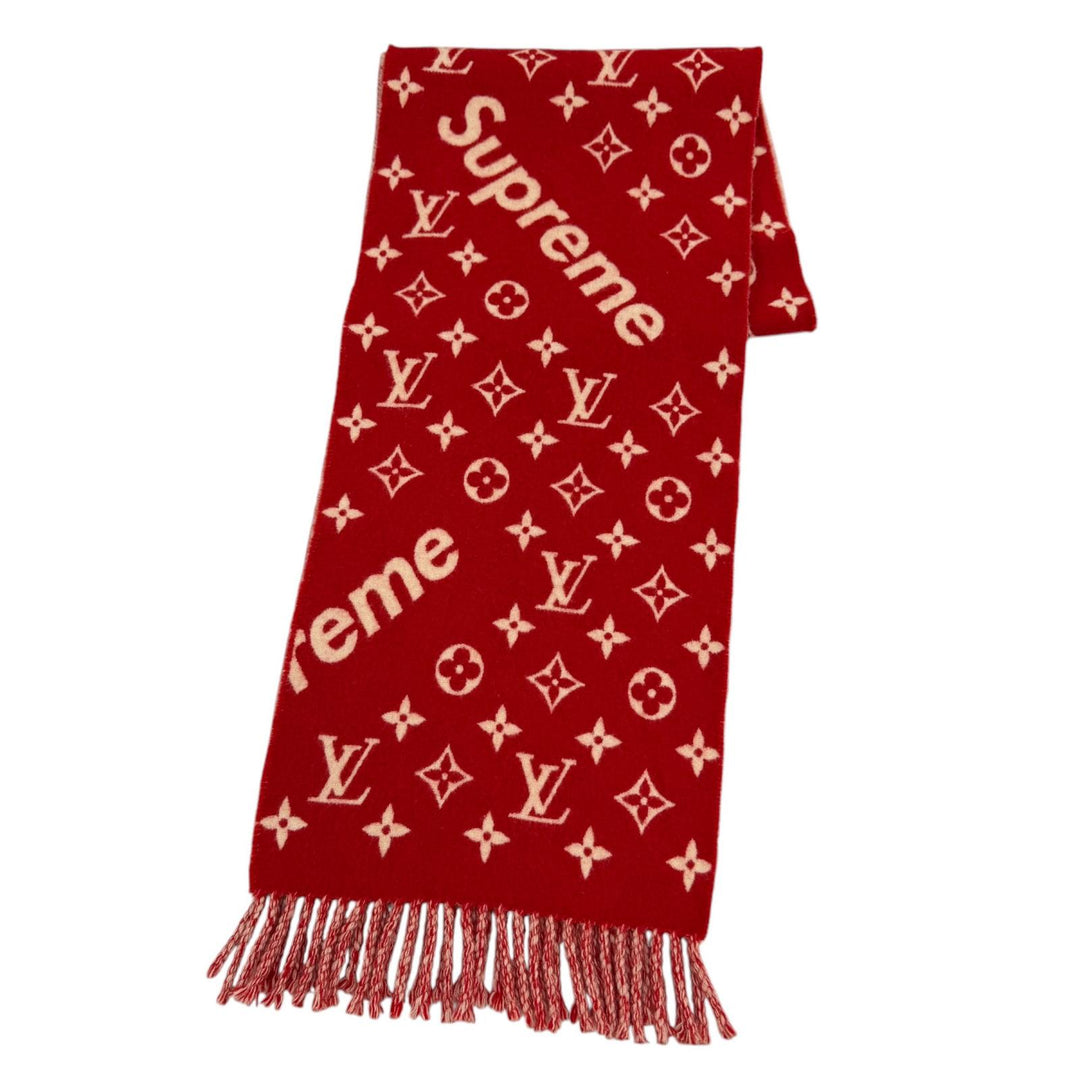 美品☆LOUIS VUITTON×Supreme ルイヴィトン×シュプリーム MP1890 カシミヤ混 フリンジ マフラー レッド イギリス製 正規品 レディース