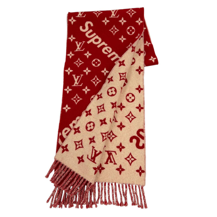 美品☆LOUIS VUITTON×Supreme ルイヴィトン×シュプリーム MP1890 カシミヤ混 フリンジ マフラー レッド イギリス製 正規品 レディース