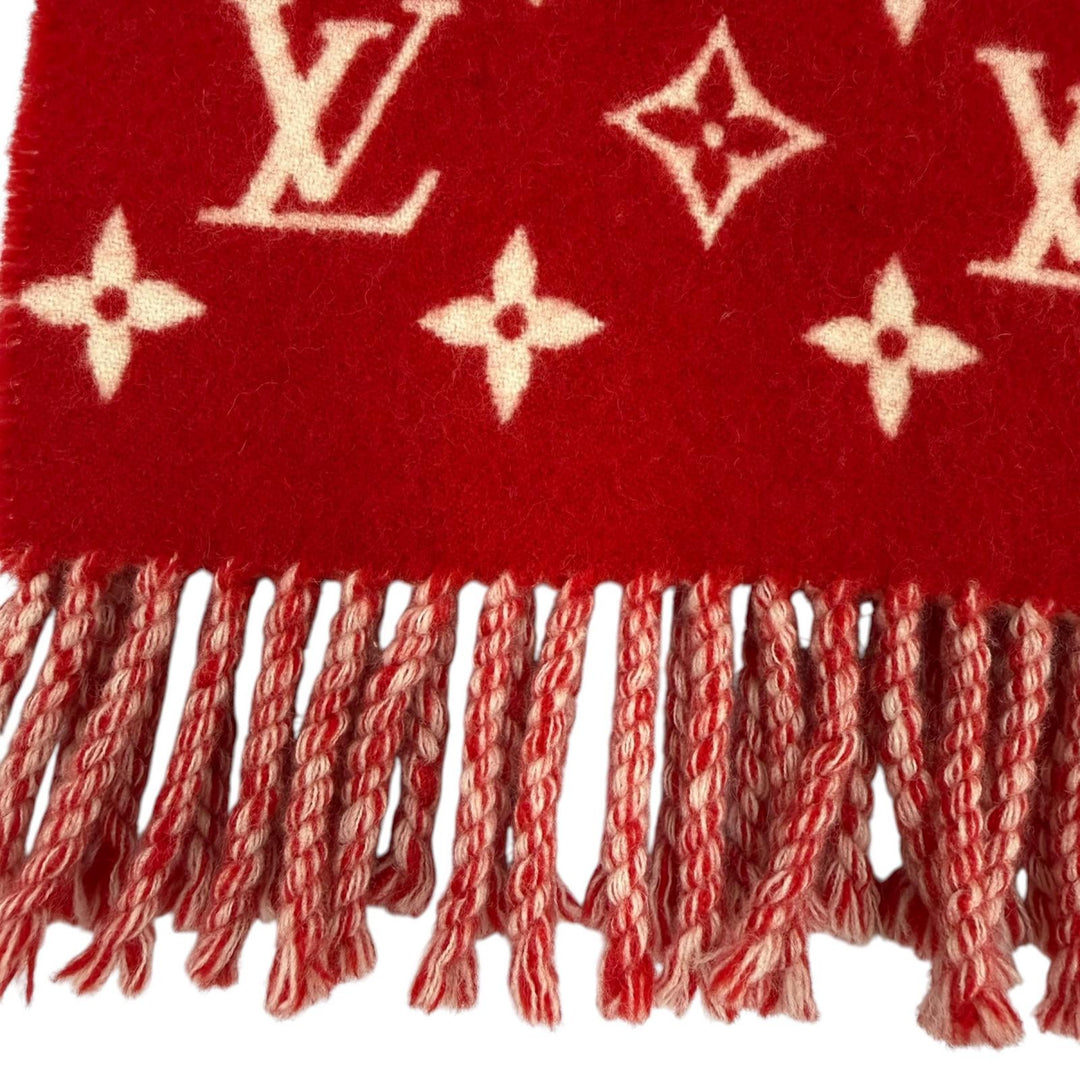 美品☆LOUIS VUITTON×Supreme ルイヴィトン×シュプリーム MP1890 カシミヤ混 フリンジ マフラー レッド イギリス製 正規品 レディース