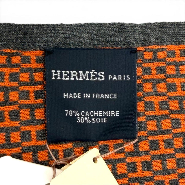 未使用品★HERMES エルメス カシミヤ シルク混 Hロゴ 総柄 ストール マフラー ネイビー オレンジ フランス製 メンズ 箱付き