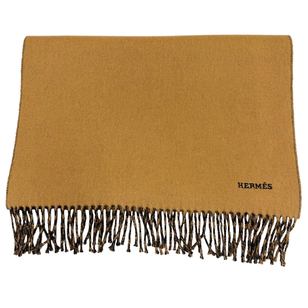 極美品▼HERMES エルメス レクトヴェルソ カシミヤ100% ロゴ刺繍 バイカラー リバーシブル フリンジ マフラー ブラウン ネイビー メンズ