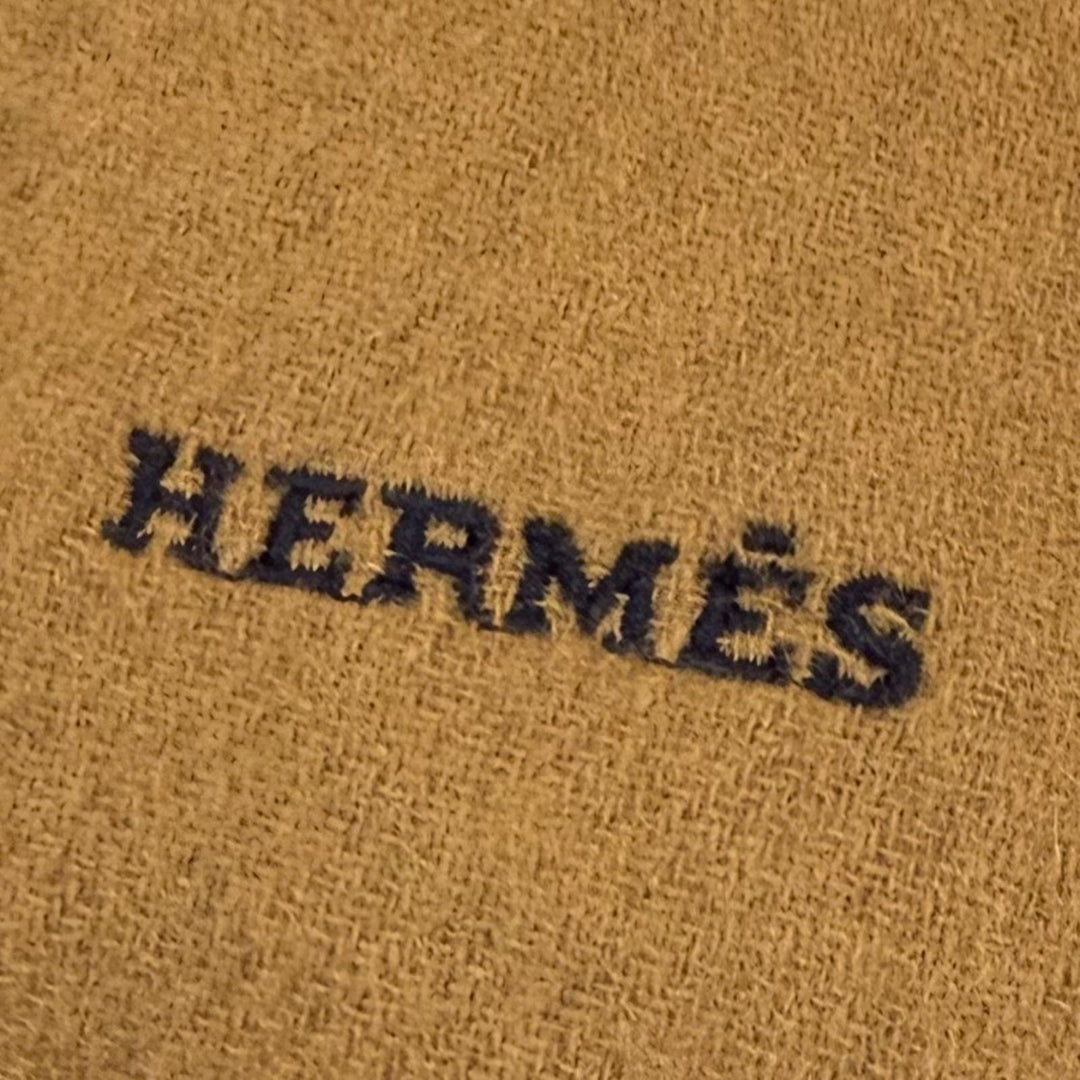 極美品▼HERMES エルメス レクトヴェルソ カシミヤ100% ロゴ刺繍 バイカラー リバーシブル フリンジ マフラー ブラウン ネイビー メンズ