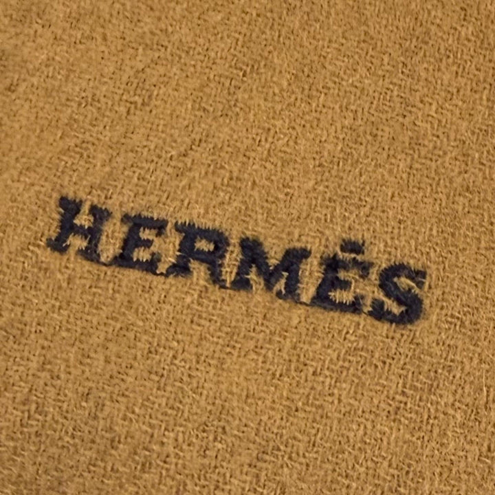 極美品▼HERMES エルメス レクトヴェルソ カシミヤ100% ロゴ刺繍 バイカラー リバーシブル フリンジ マフラー ブラウン ネイビー メンズ