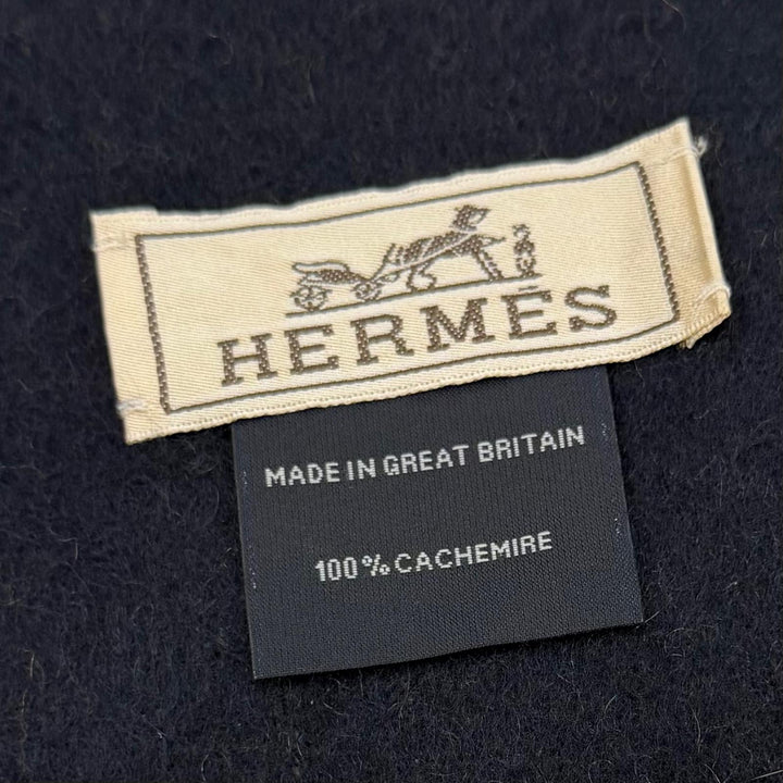 極美品▼HERMES エルメス レクトヴェルソ カシミヤ100% ロゴ刺繍 バイカラー リバーシブル フリンジ マフラー ブラウン ネイビー メンズ