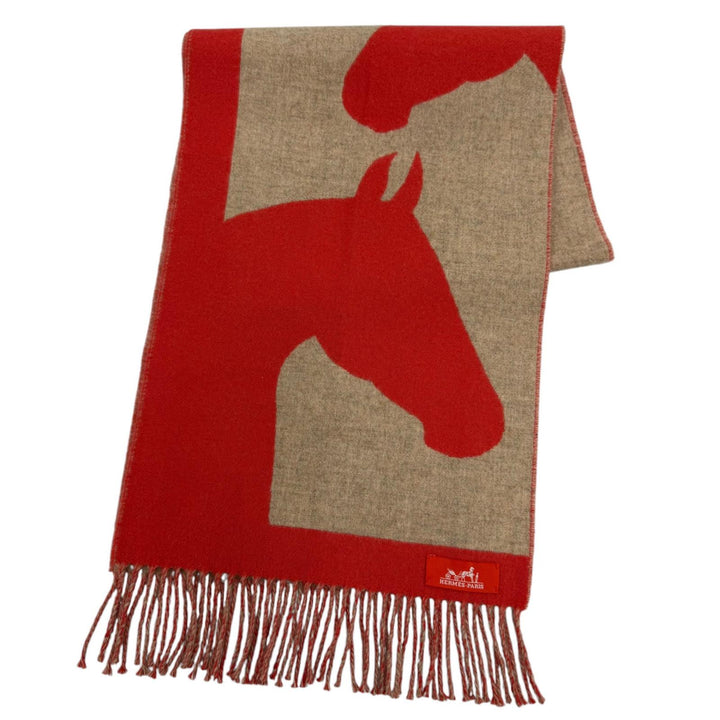 極美品☆HERMES エルメス ラブストーリー マフラー カシミヤ100％ フリンジ付 ホース柄 馬柄 レッド ベージュ レディース 箱付き