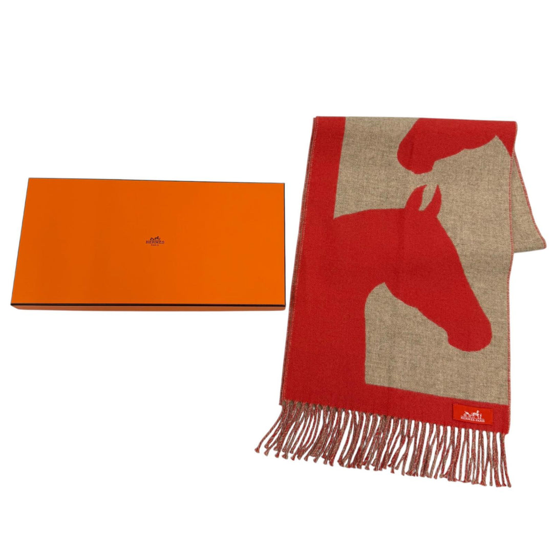 極美品☆HERMES エルメス ラブストーリー マフラー カシミヤ100％ フリンジ付 ホース柄 馬柄 レッド ベージュ レディース 箱付き