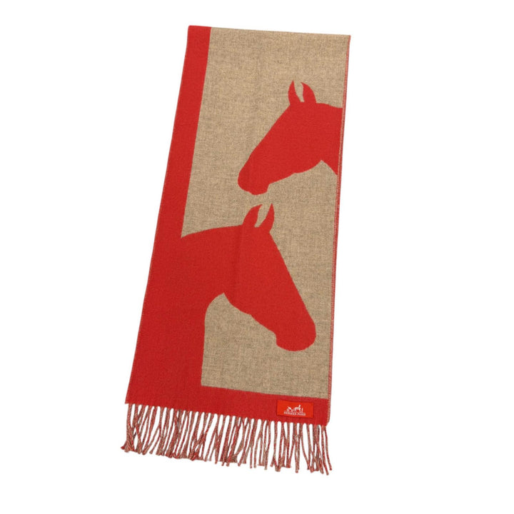 極美品☆HERMES エルメス ラブストーリー マフラー カシミヤ100％ フリンジ付 ホース柄 馬柄 レッド ベージュ レディース 箱付き