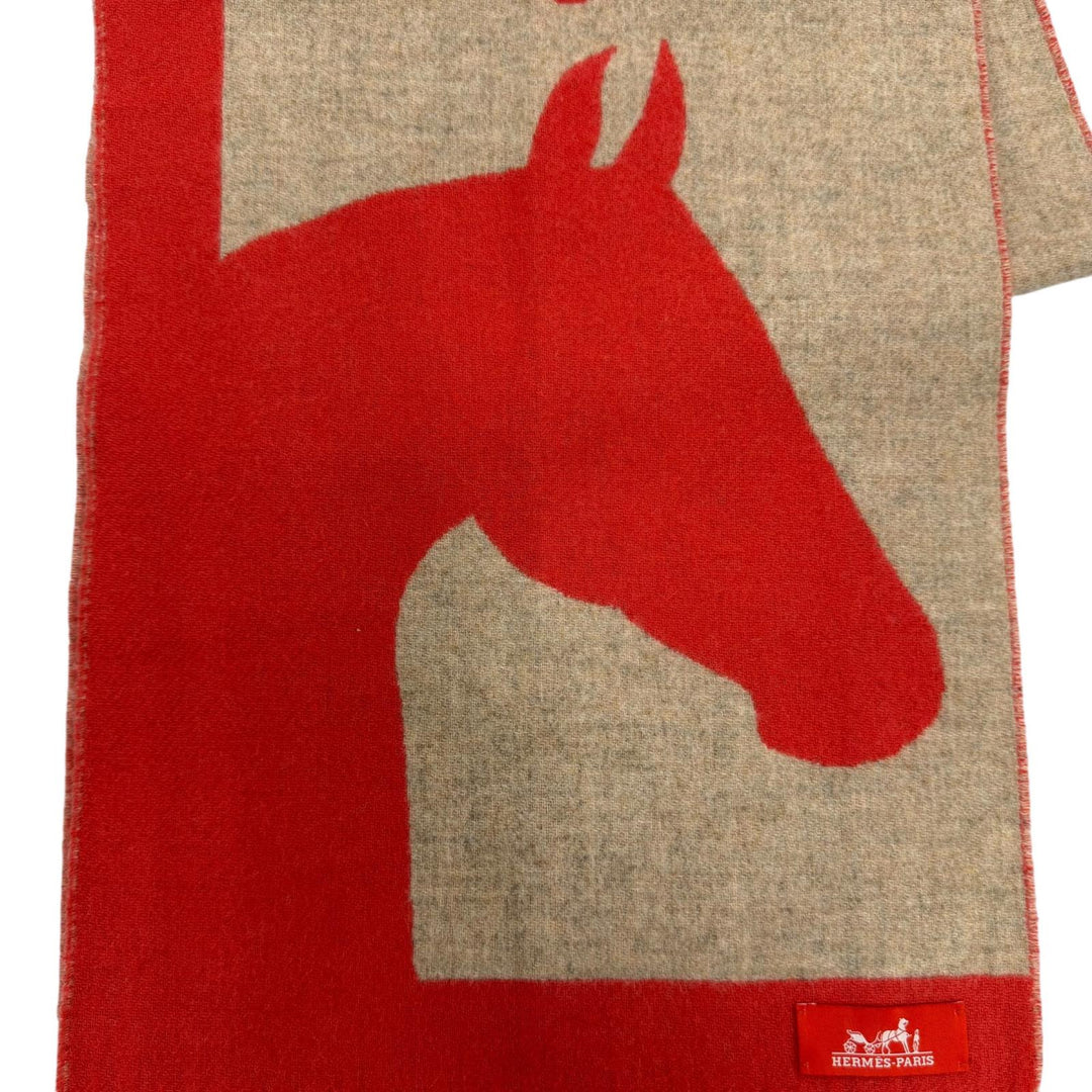 極美品☆HERMES エルメス ラブストーリー マフラー カシミヤ100％ フリンジ付 ホース柄 馬柄 レッド ベージュ レディース 箱付き