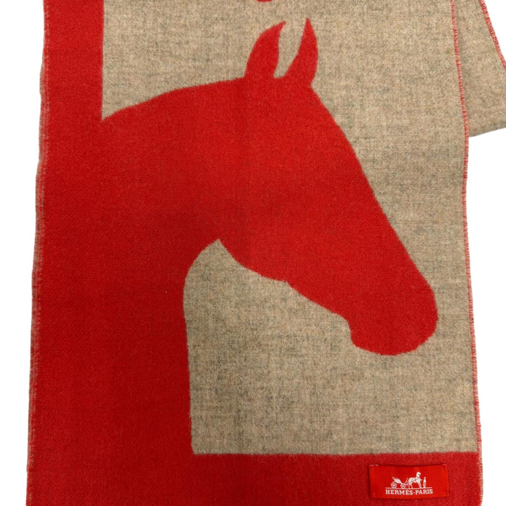 極美品☆HERMES エルメス ラブストーリー マフラー カシミヤ100％ フリンジ付 ホース柄 馬柄 レッド ベージュ レディース 箱付き