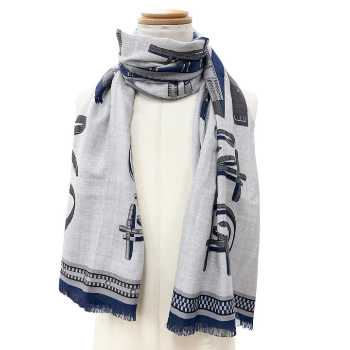 極美品▼HERMES エルメス レクタングル レトル エケストル カシミヤ シルク 現行品 フリンジ ストール ネイビー グレー 定価195800円