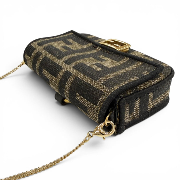 美品△FENDI フェンディ ナノバケット FFロゴ ズッカ柄 2WAY仕様 チェーンショルダーポーチ バッグチャーム ミニバッグ ブラウン 箱付き