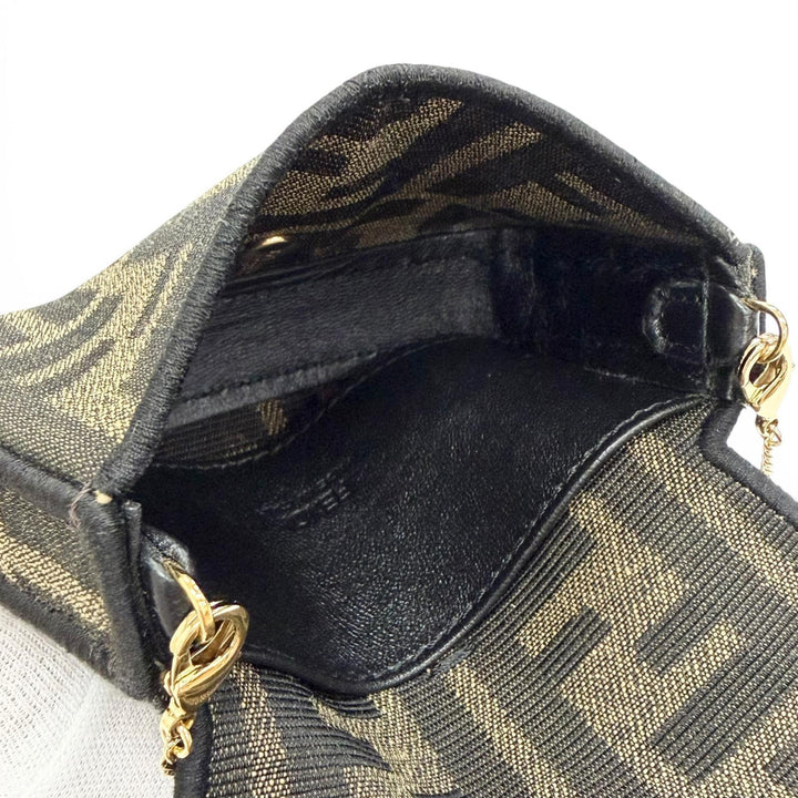 美品△FENDI フェンディ ナノバケット FFロゴ ズッカ柄 2WAY仕様 チェーンショルダーポーチ バッグチャーム ミニバッグ ブラウン 箱付き