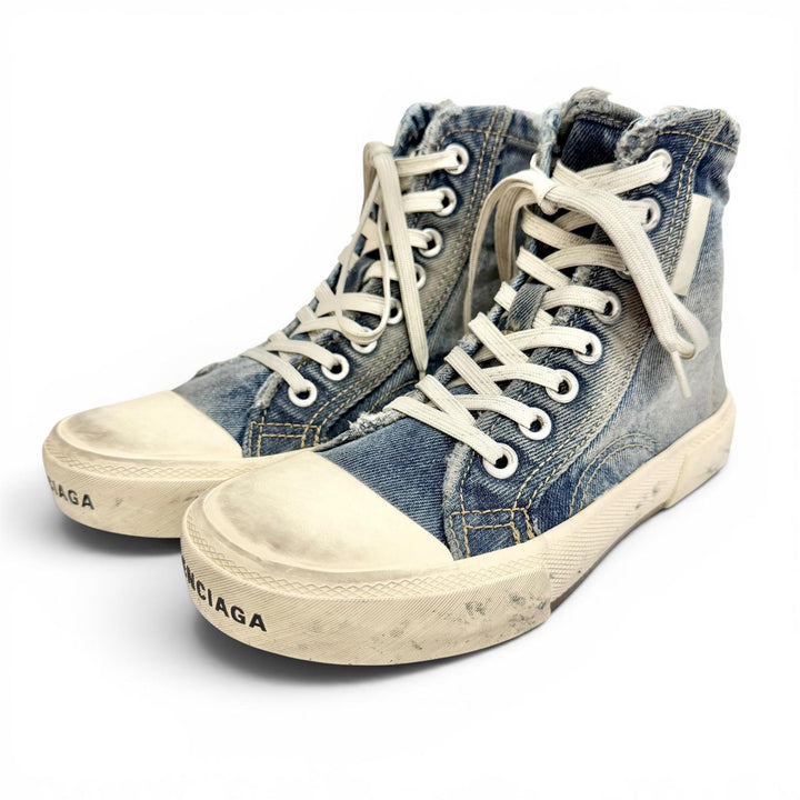 未使用品△BALENCIAGA バレンシアガ 688756 PARIS HIGH TOP ダメージ加工 デニム ハイカットスニーカー インディゴブルー JP23cm 箱 袋付