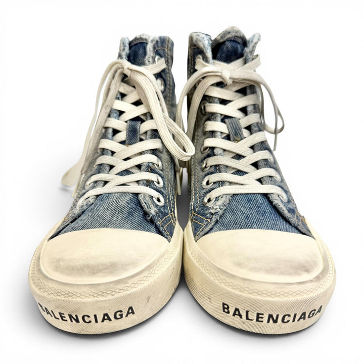 未使用品△BALENCIAGA バレンシアガ 688756 PARIS HIGH TOP ダメージ加工 デニム ハイカットスニーカー インディゴブルー JP23cm 箱 袋付