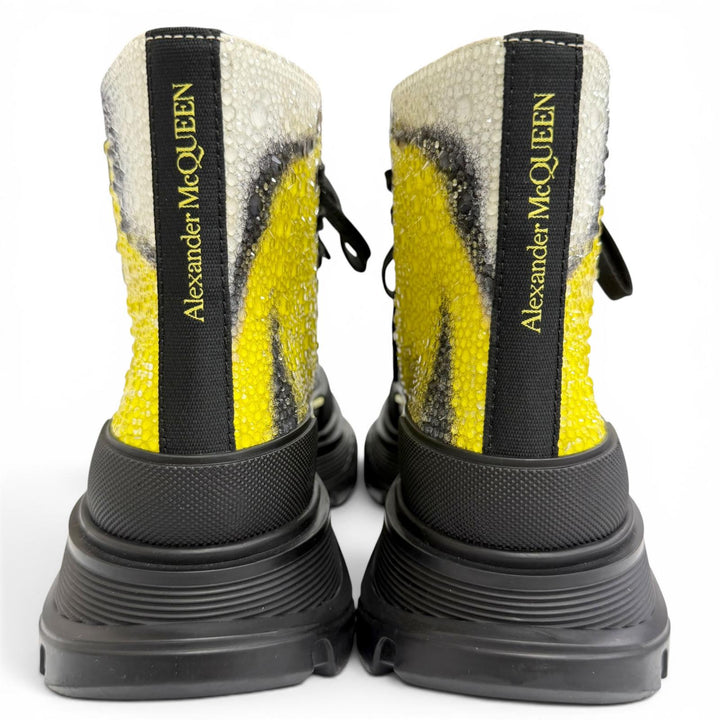 美品△Alexander McQueen アレキサンダーマックイーン 718374 トレッドスリック ラバーソール ビジュー ハイカットスニーカー 黒 黄色 36