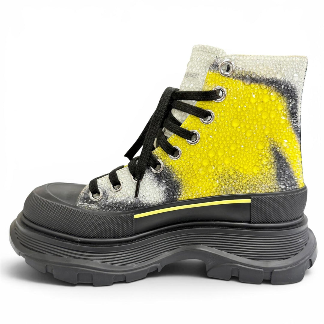 美品△Alexander McQueen アレキサンダーマックイーン 718374 トレッドスリック ラバーソール ビジュー ハイカットスニーカー 黒 黄色 36