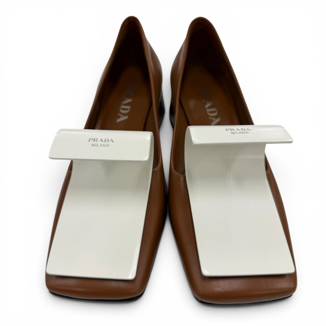 美品☆PRADA プラダ 25SS 1I964N ロゴ入り ツートーン ブラッシュドレザー パンプス ブラウン ホワイト 35 イタリア製 レディース