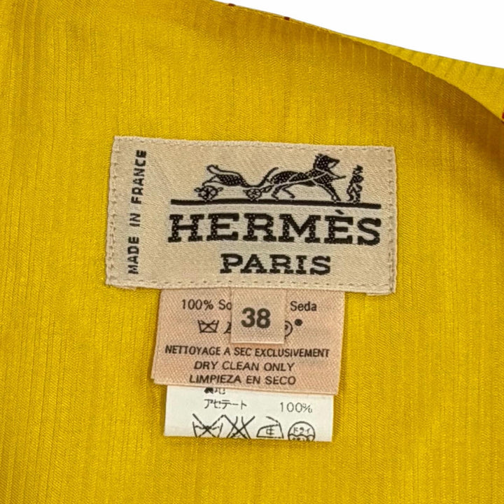 極美品★HERMES エルメス ヴィンテージ フラワー 車 シルク ベスト トップス イエロー 38 フランス製 正規品 レディース