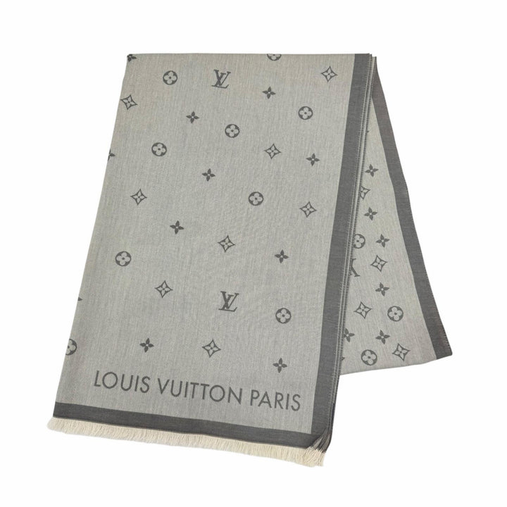 美品◇LOUIS VUITTON ルイヴィトン 2024年製 M79737 オール アバウト モノグラム コットン100％ フリンジ ストール グレー 伊製 正規品