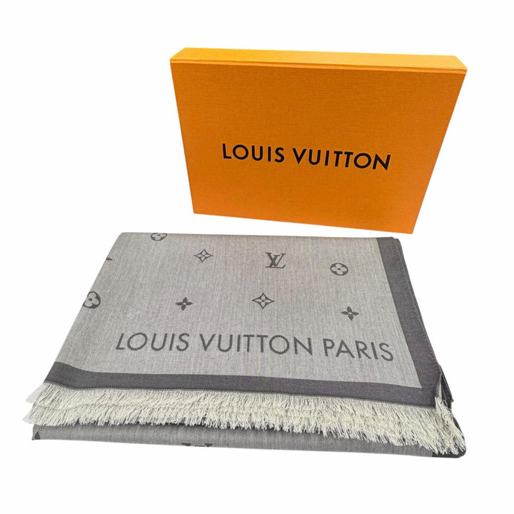 美品◇LOUIS VUITTON ルイヴィトン 2024年製 M79737 オール アバウト モノグラム コットン100％ フリンジ ストール グレー 伊製 正規品
