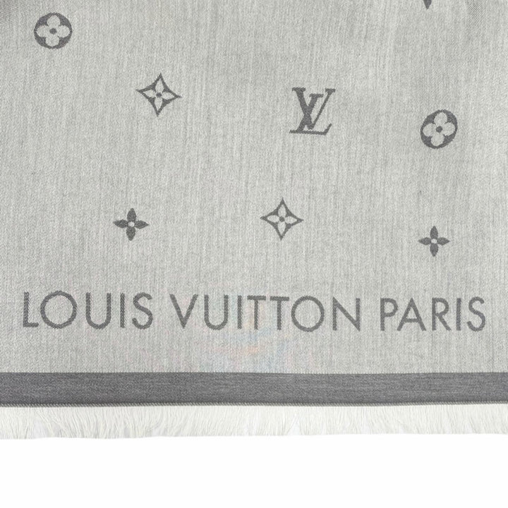 美品◇LOUIS VUITTON ルイヴィトン 2024年製 M79737 オール アバウト モノグラム コットン100％ フリンジ ストール グレー 伊製 正規品