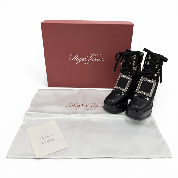 極美品◇ROGER VIVIER ロジェヴィヴィエ VIV UTILITY BOOTIE 85 レザー ショートブーツ ブラック シルバー金具 35 イタリア製 レディース
