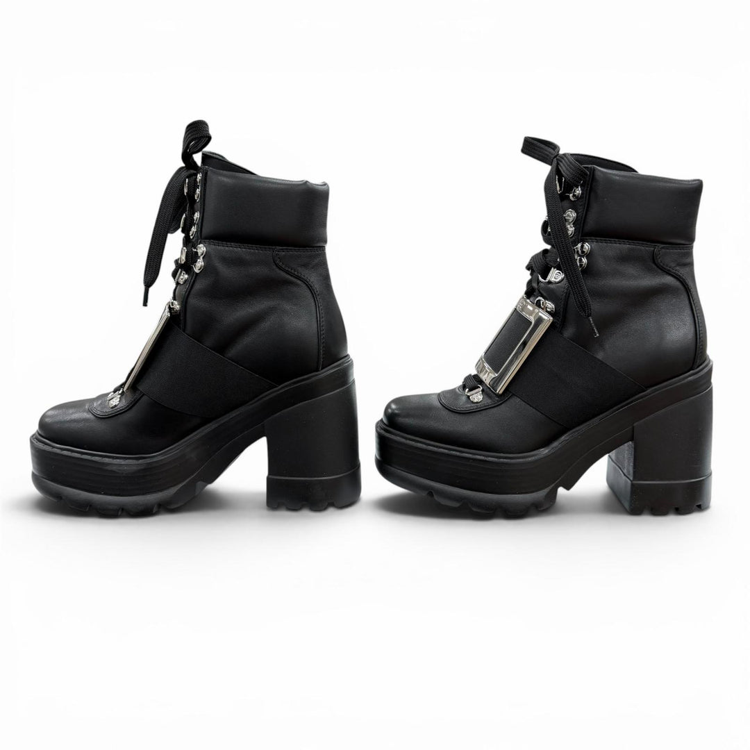 極美品◇ROGER VIVIER ロジェヴィヴィエ VIV UTILITY BOOTIE 85 レザー ショートブーツ ブラック シルバー金具 35 イタリア製 レディース