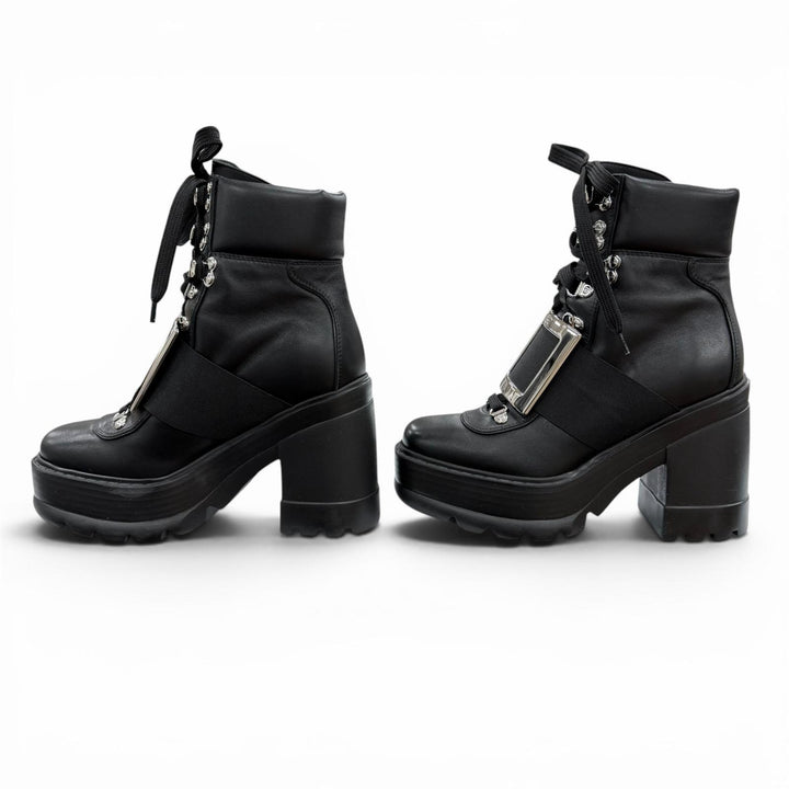 極美品◇ROGER VIVIER ロジェヴィヴィエ VIV UTILITY BOOTIE 85 レザー ショートブーツ ブラック シルバー金具 35 イタリア製 レディース