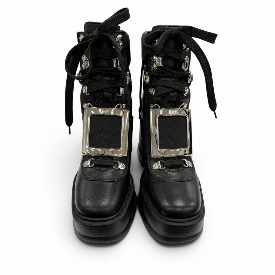 極美品◇ROGER VIVIER ロジェヴィヴィエ VIV UTILITY BOOTIE 85 レザー ショートブーツ ブラック シルバー金具 35 イタリア製 レディース