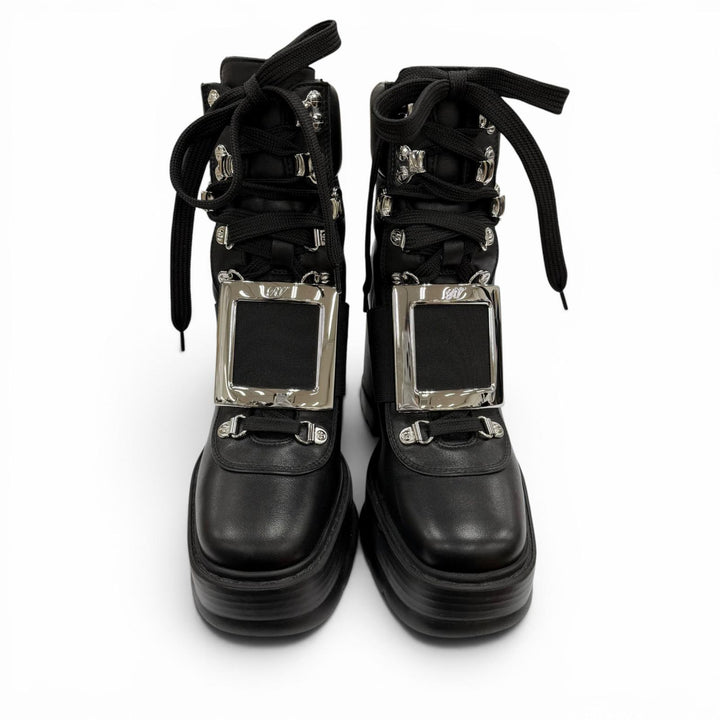 極美品◇ROGER VIVIER ロジェヴィヴィエ VIV UTILITY BOOTIE 85 レザー ショートブーツ ブラック シルバー金具 35 イタリア製 レディース