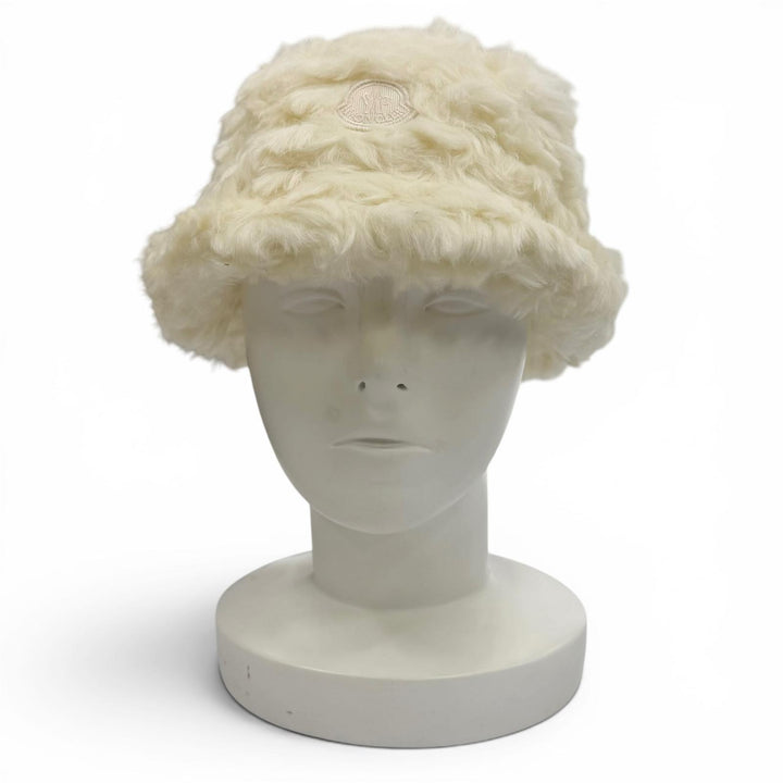 未使用品★MONCLER モンクレール H29543B00017 BUCKET ロゴワッペン付 フェイクファー ハット アイボリー S ブルガリア製 正規品