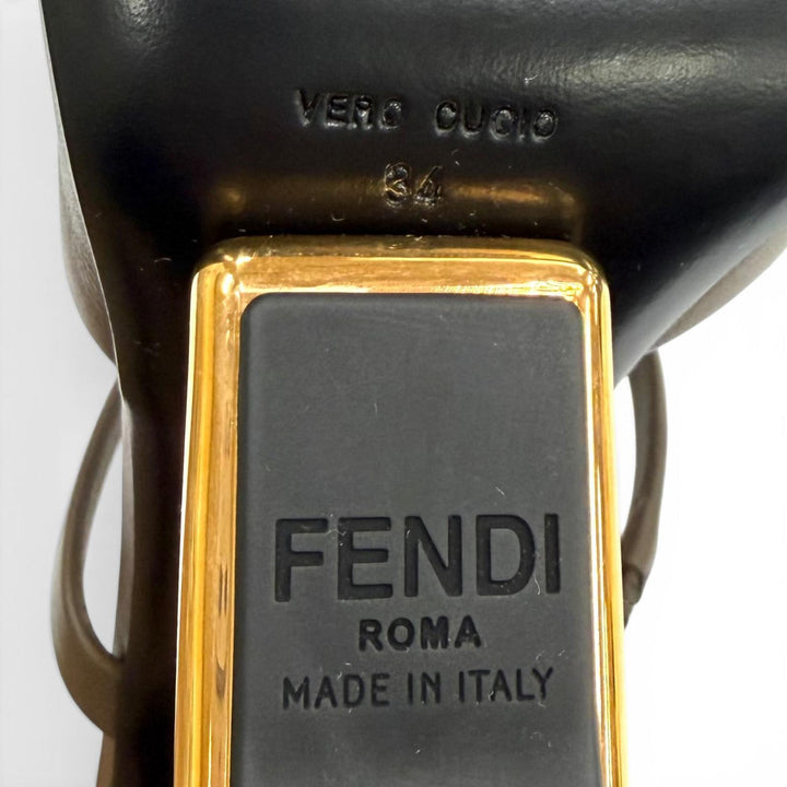 極美品★FENDI フェンディ ファースト Fモチーフヒール レザー サンダル ブラウン ゴールド金具 34 イタリア製 定価170500円 保存袋付き