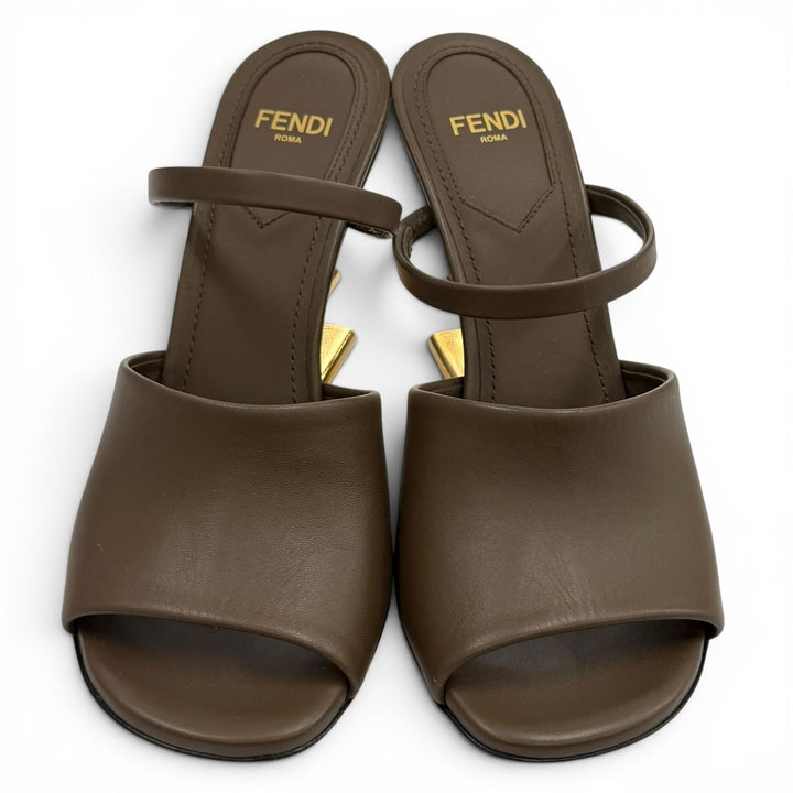 極美品★FENDI フェンディ ファースト Fモチーフヒール レザー サンダル ブラウン ゴールド金具 34 イタリア製 定価170500円 保存袋付き