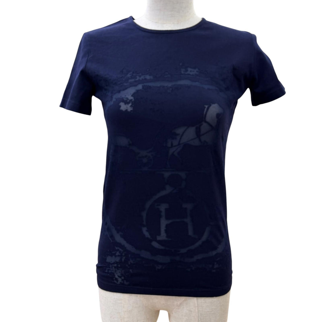 美品☆HERMES エルメス コットン100％ ゴルチエ期 エンボス 馬車 Hロゴ 半袖Ｔシャツ トップス ネイビー 36 イタリア製 レディース