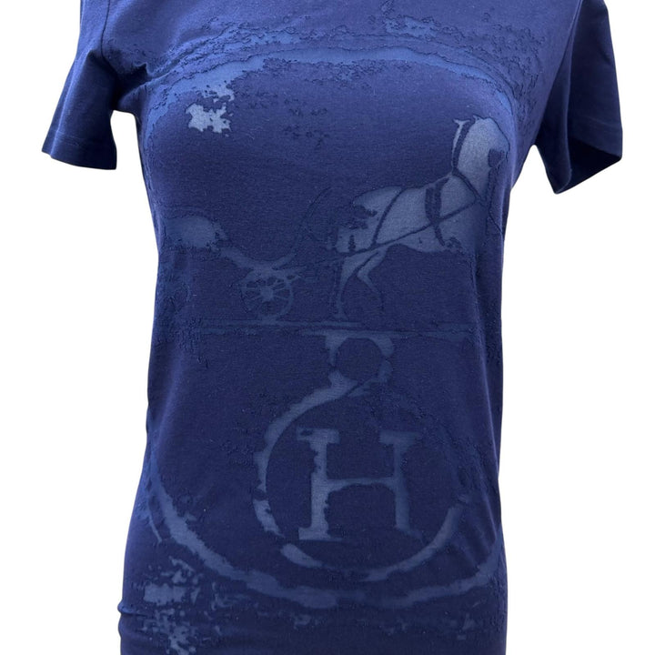 美品☆HERMES エルメス コットン100％ ゴルチエ期 エンボス 馬車 Hロゴ 半袖Ｔシャツ トップス ネイビー 36 イタリア製 レディース