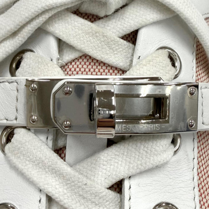 美品★HERMES エルメス デイ ケリー金具 レザー使い レースアップ キャンバス スニーカー ピンク ホワイト 37 イタリア製 保存袋付き