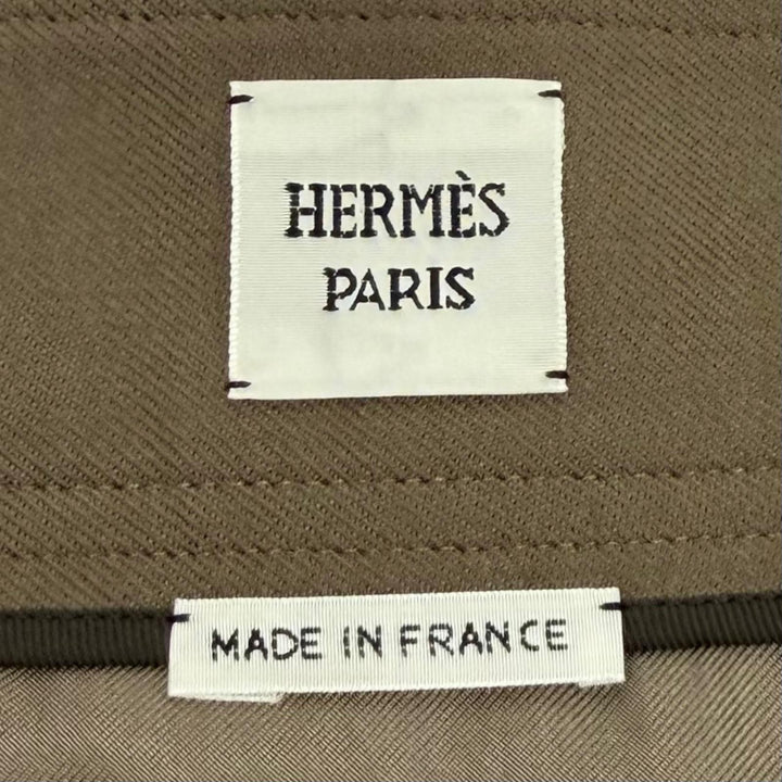 美品★HERMES エルメス 2H0304DN ベルトデザイン ボックスプリーツ ウール スカート ボトムス カーキ 40 フランス製 正規品 レディース