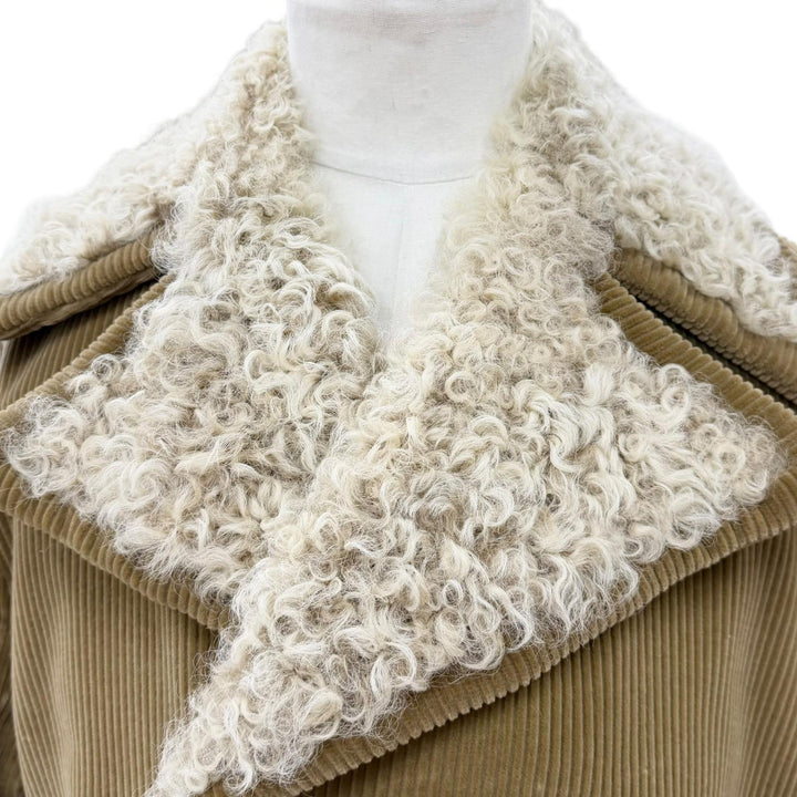 美品▼DOLCE&amp;GABBANA ドルチェ＆ガッバーナ カルガンラムファー 黒タグ コーデュロイ ダブルチェスターコート ベージュ 48 ハンガー付き