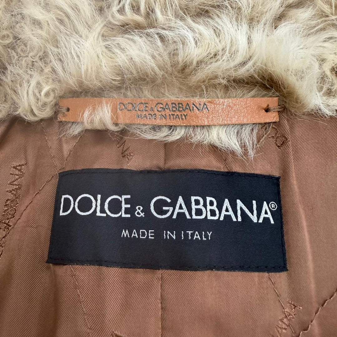 美品▼DOLCE&amp;GABBANA ドルチェ＆ガッバーナ カルガンラムファー 黒タグ コーデュロイ ダブルチェスターコート ベージュ 48 ハンガー付き