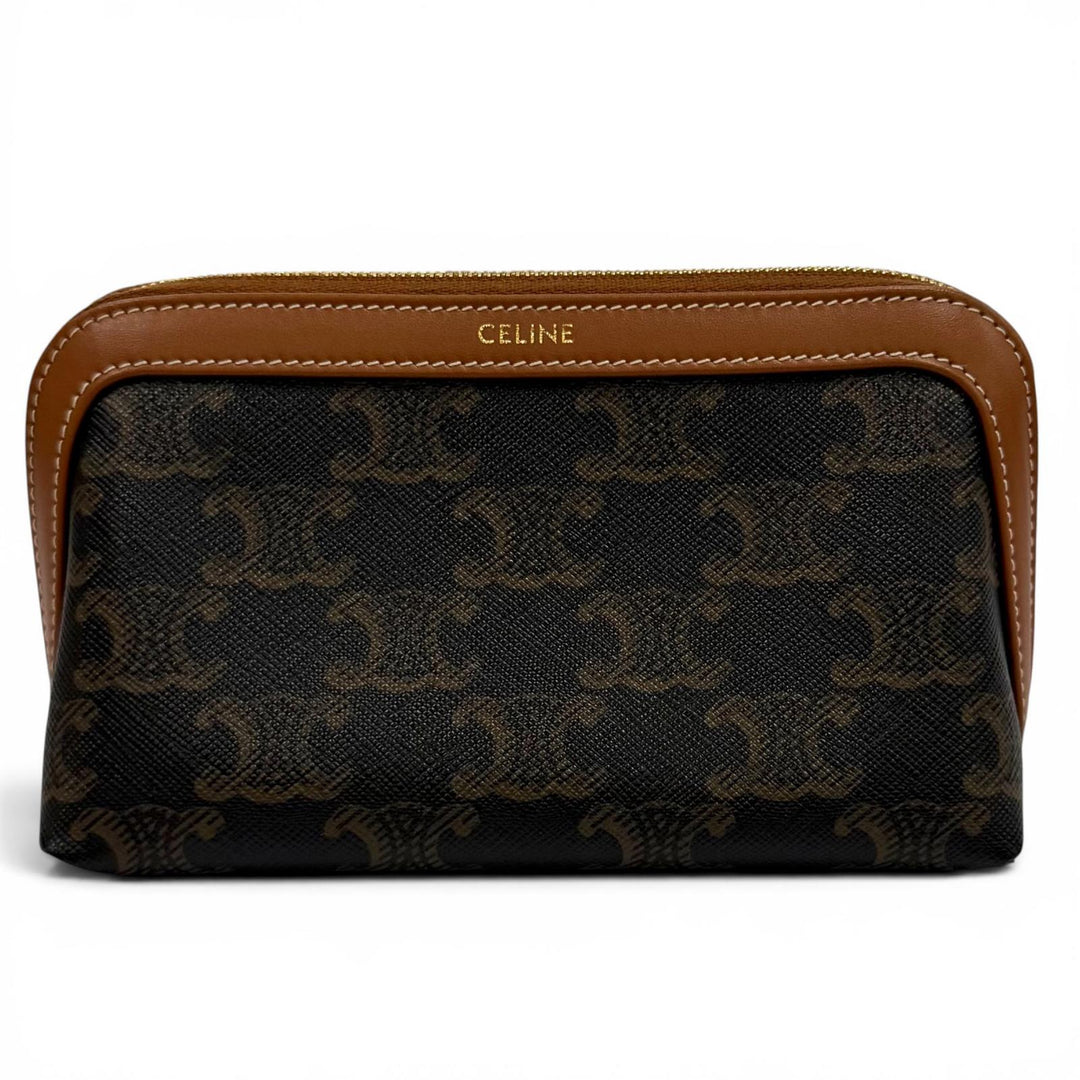 美品★CELINE セリーヌ 4M1622CZ リーヌ スモール コスメティックポーチ トリオンフ レザー ポーチ ブラウン ゴールド金具 保存袋付