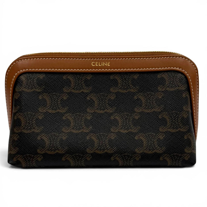 美品★CELINE セリーヌ 4M1622CZ リーヌ スモール コスメティックポーチ トリオンフ レザー ポーチ ブラウン ゴールド金具 保存袋付