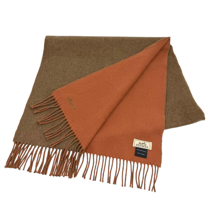 美品★HERMES エルメス レクトヴェルソ カシミヤ100％ ロゴ刺繍入り フリンジ マフラー ストール ブラウン レンガ 英国製 メンズ