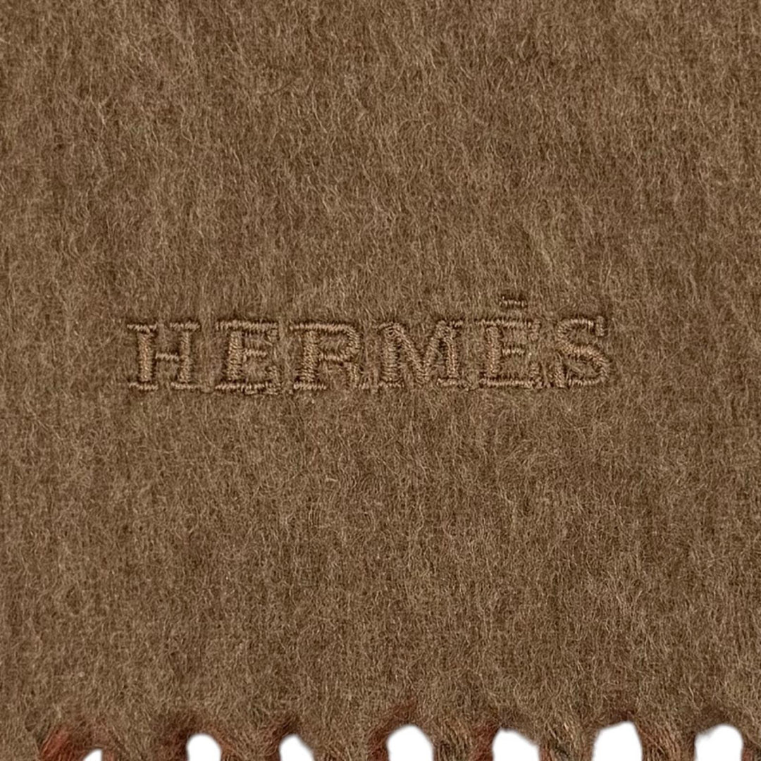 美品★HERMES エルメス レクトヴェルソ カシミヤ100％ ロゴ刺繍入り フリンジ マフラー ストール ブラウン レンガ 英国製 メンズ